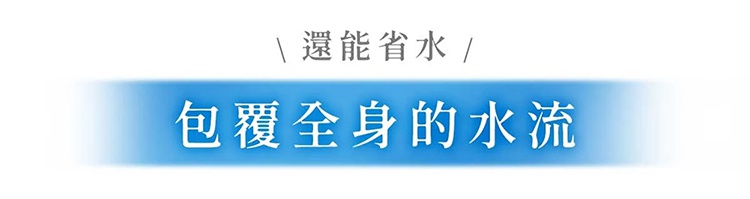 takagi真淨水水霧蓮蓬頭廣告橫幅，背景為藍色漸層色塊，上方標註還能省水，中央以白色粗體文字強調包覆全身的水流，展現產品的淋浴舒適感與節水特性。