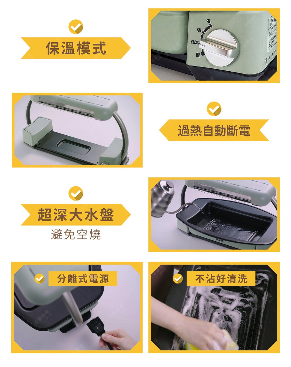 這是一張展示日本千石阿拉丁瞬熱上火烤盤功能的產品說明圖，包含六個區塊。圖片顯示了旋鈕控制面板，標示出保溫、弱、強等模式；強調過熱自動斷電的安全保護機制；展示超深大水盤設計以避免空燒；強調電源線採分離式設計方便收納，以及烤盤表面具備不沾塗層，讓清洗更加簡單容易。整體配色為淺綠色系，透過圖片分格說明產品的實用功能與特色。