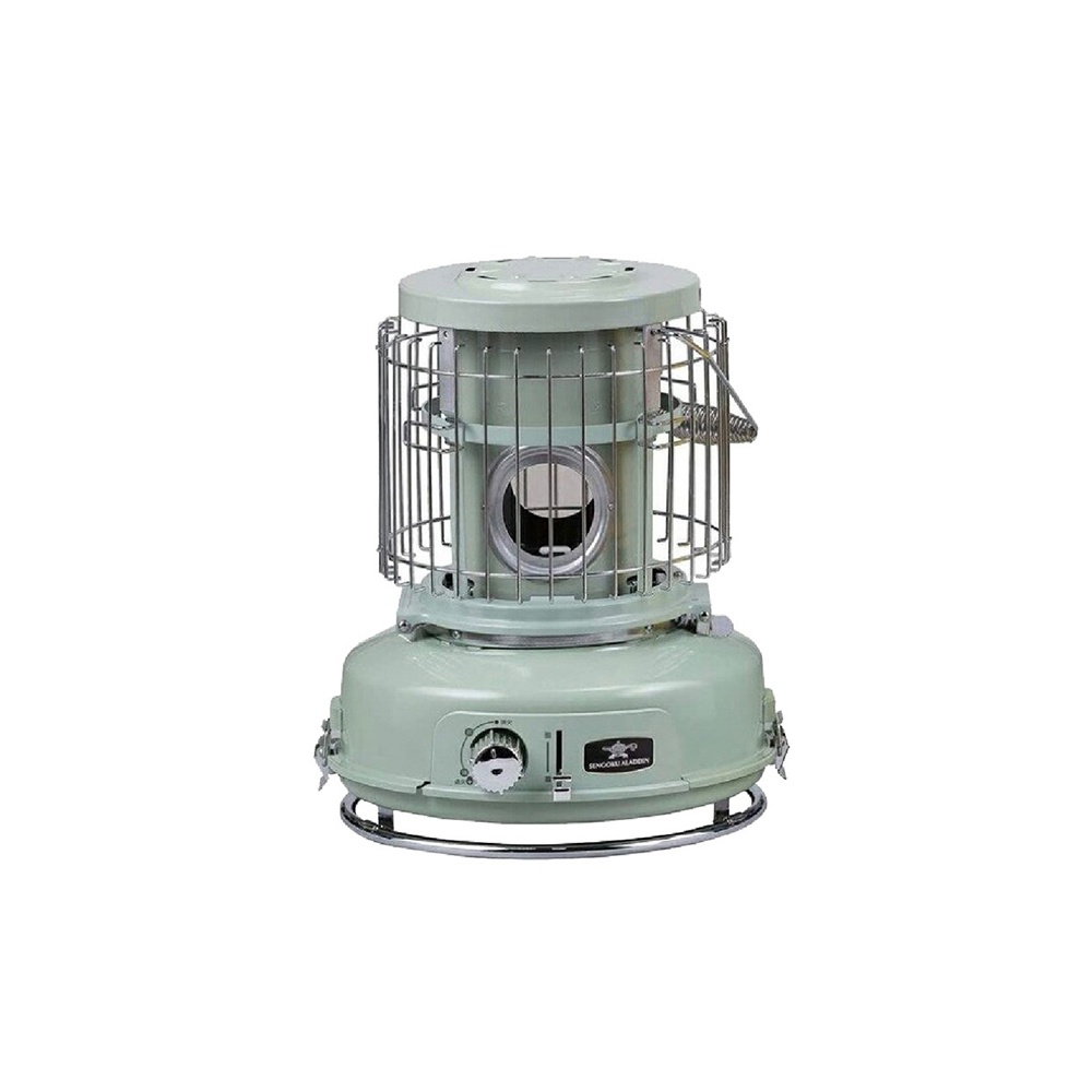 復古綠色卡式瓦斯暖爐，配有金屬網罩和可調節旋鈕，頂部有圓形觀察窗。