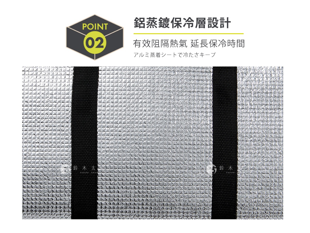 產品圖片展示了保冷收納袋內部的鋁箔蒸鍍保冷層設計，具有良好的隔熱效果，表面呈現細緻的銀色反光質感與幾何紋路，中間並以黑色織帶強化結構。