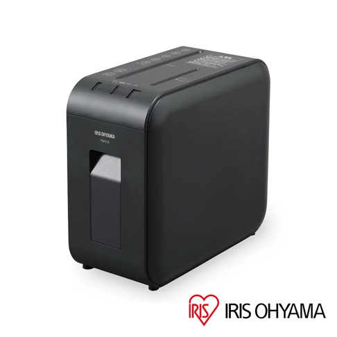 IRIS OHYAMA P6HCS 超靜音極細保密碎紙機。此款碎紙機為黑色，擁有簡潔的方形機身，頂部設有進紙槽和操作面板，側面有透明的碎紙收集窗，整體採用光滑塑料材質。