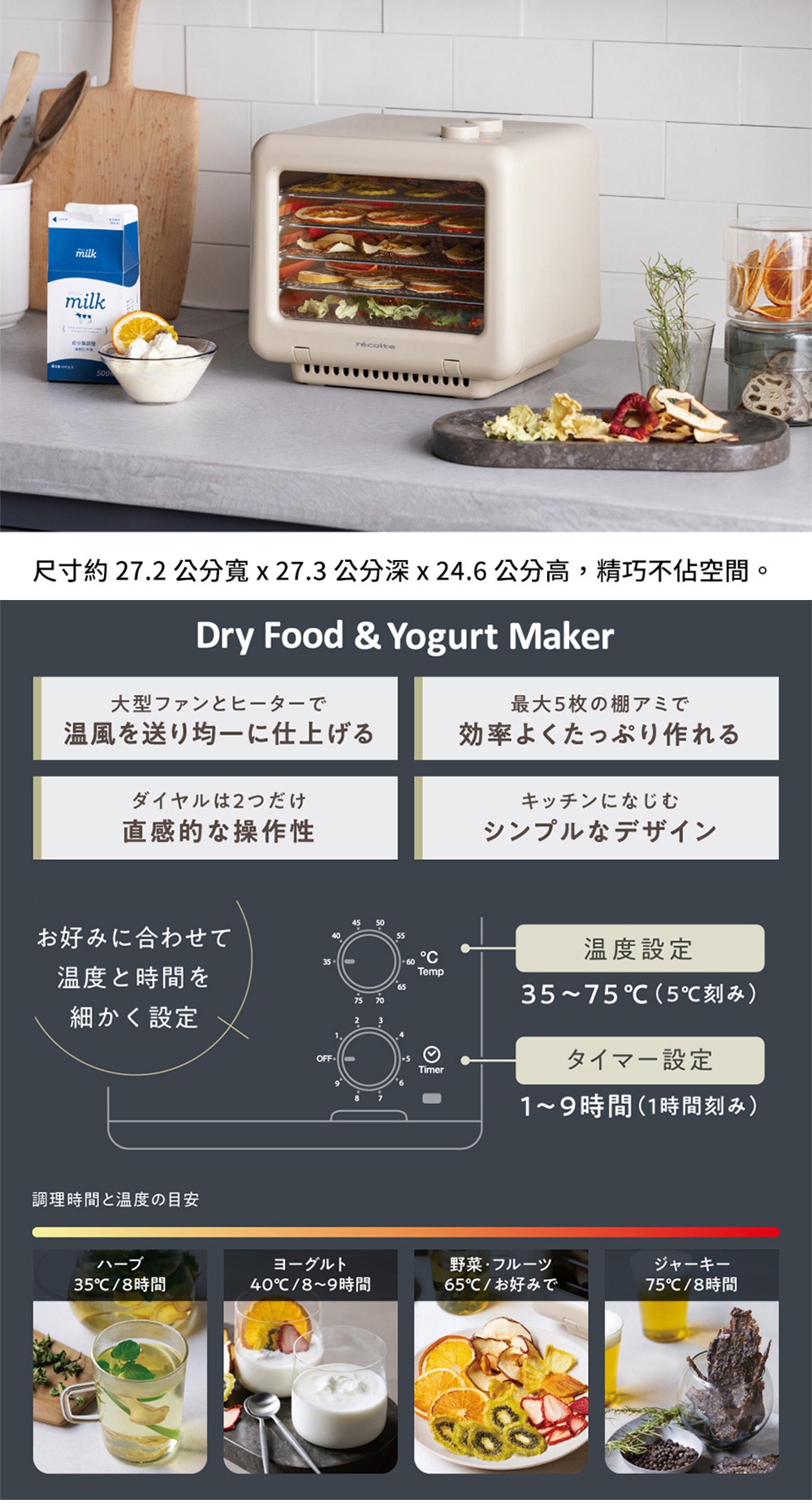 recolte 乾果優格機，可設定溫度與時間，適合製作乾果、優格、香草茶、蔬菜水果脆片及肉乾，附有操作轉盤與定時器。