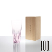 粉色玻璃啤酒杯，杯身帶有垂直紋路，底部有放射狀切割，旁邊放置木盒，盒面有日文「さくらさく」字樣。