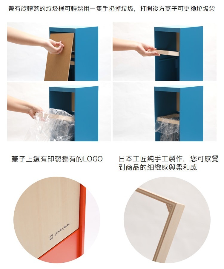 藍色純手工木製前開式迷你垃圾桶，可旋轉蓋設計，搭配木紋內襯及印有品牌Logo的木質面板。