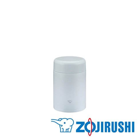 白色不鏽鋼一體式杯蓋真空燜燒杯，杯身光滑，頂部有圓形杯蓋，整體設計簡潔，底部有品牌標誌。