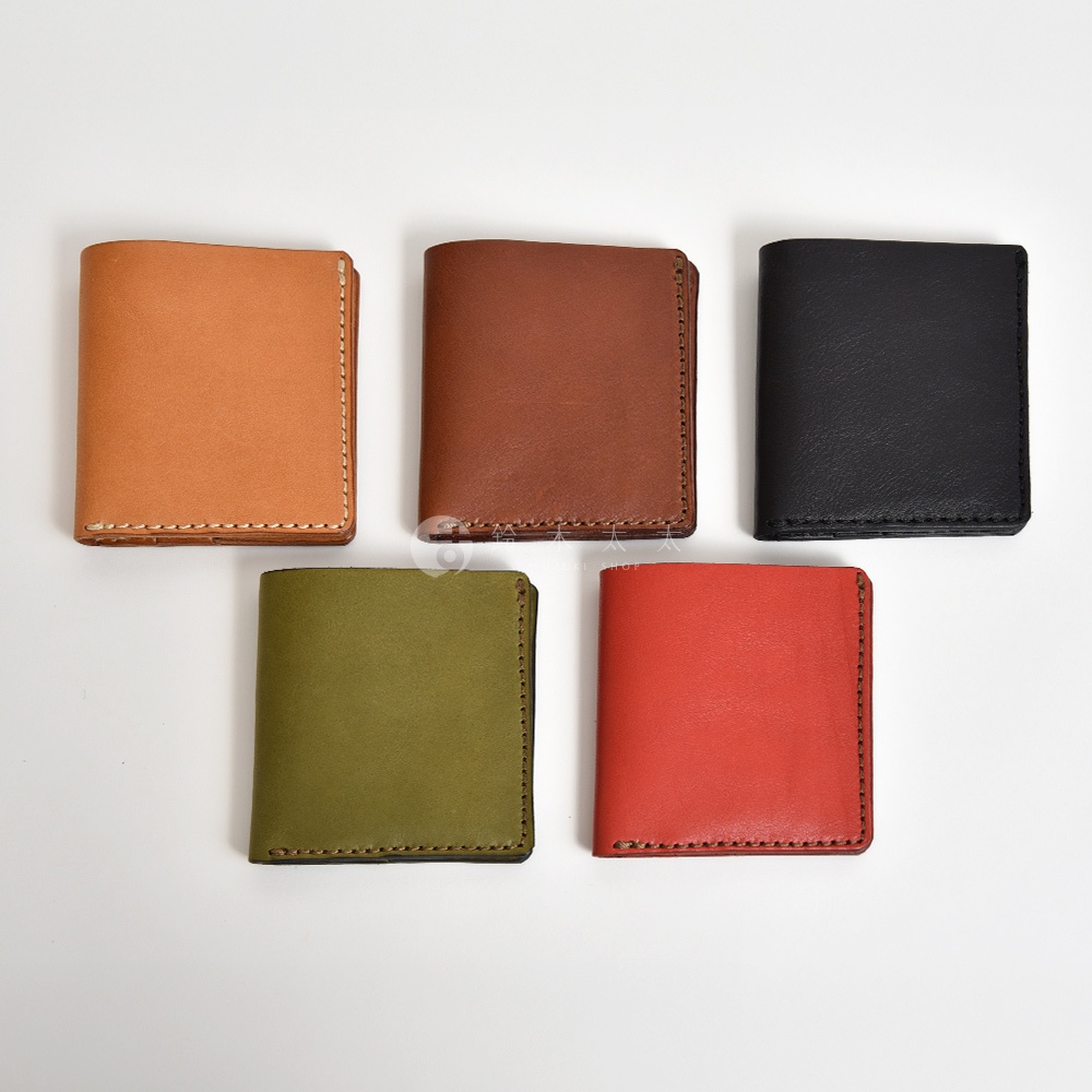 日本HERZ職人手作皮革二折式薄型卡片鈔票夾 WS-6，展示了五種不同顏色的皮革皮夾，包括卡其色、棕色、黑色、綠色和紅色。
