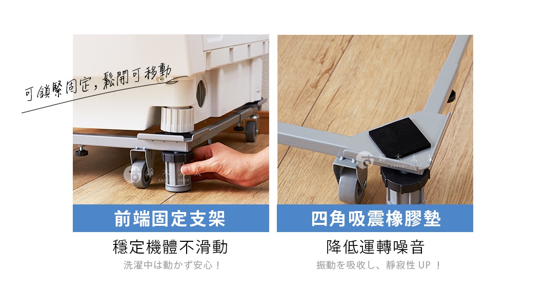洗衣機移動平台細節展示，左圖顯示前端固定支架操作示意，可透過手動旋轉鎖緊或鬆開以調整固定或移動狀態；右圖展示底座四角的黑色吸震橡膠墊設計，能有效吸收震動並降低洗衣機運轉時的噪音。