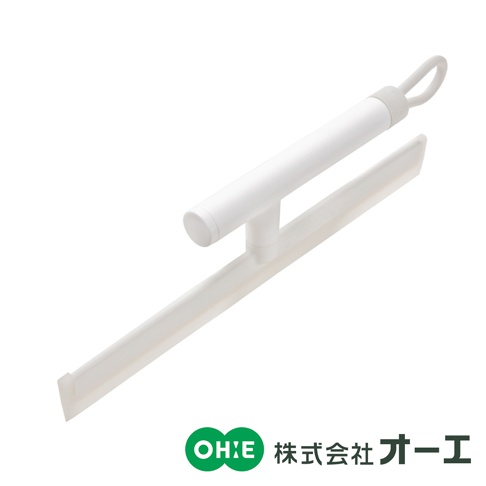 簡潔的白色刮水刷，帶有 T 型手柄和一個掛環。刮水板為透明矽膠材質，設計用於有效清除表面的水分。