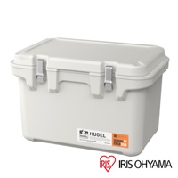 HUGEL 真空隔熱冰桶，容量40L，為米白色，具有兩個金屬鎖扣和側邊的產品標籤，標籤上顯示品牌名稱、產品型號及保冷時效。