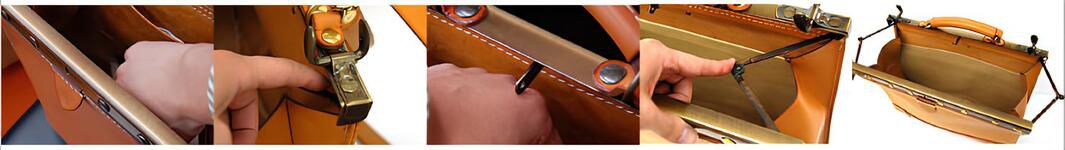 皮革復古口金後背包，展示棕色皮革材質，內部結構與鎖扣細節，以及開合操作。