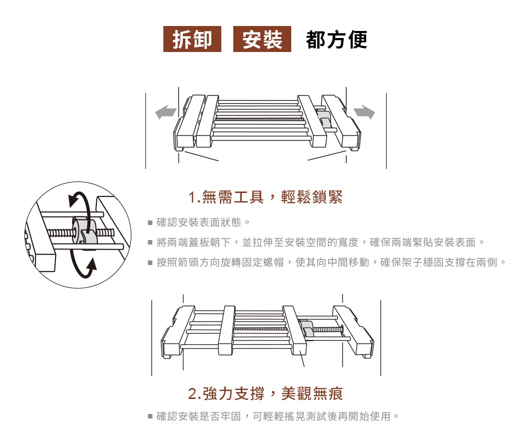 圖片文字：拆卸 安裝 都方便 1.無需工具，輕鬆鎖緊 確​​認安裝表面狀態。 將兩端蓋板朝下，並拉伸至安裝空間的寬度，確保兩端緊貼安裝表面。 按照箭頭方向旋轉固定螺帽，使其向中間移動，確保架子穩固支撐在兩側。 2.強力支撐，美觀無痕 確​​認安裝是否牢固，可輕搖晃測試後再開始使用。