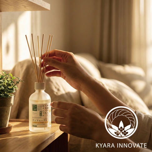 KYARA INNOVATE 擴香竹，雙手正在將擴香竹插入玻璃瓶中，背景是柔和的室內光線。