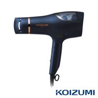 深藍色KOIZUMI品牌負離子吹風機，機身帶有金色飾環，頂部透明部分可見內部組件，設有開關和模式選擇按鈕。