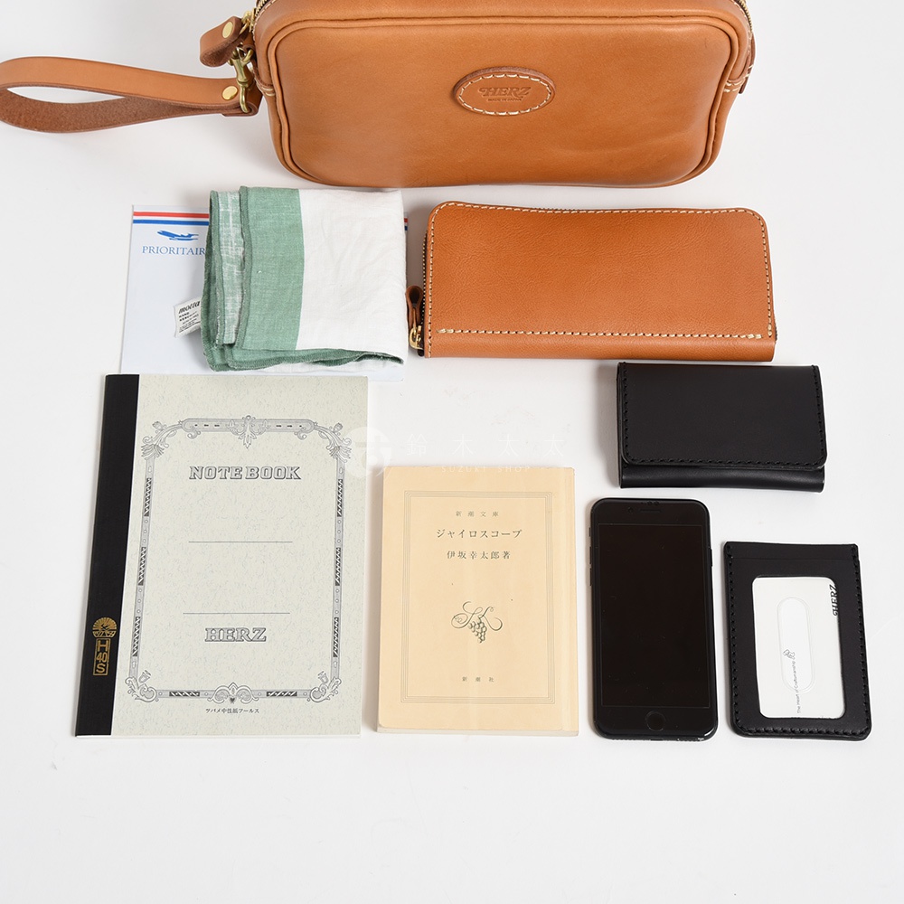 駝色皮革手提包，附可拆式腕帶，金色拉鍊。包旁有同色系長夾、黑色皮夾、手機、卡夾、筆記本和綠白條紋布。