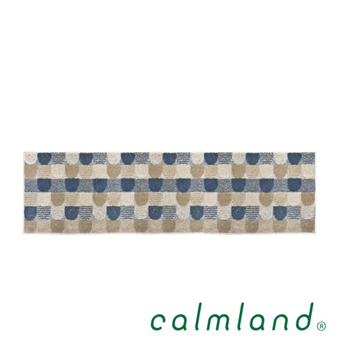 長條形地墊，織有藍色、米色和淺棕色交織的格紋圖案，圖案為水平排列的方形和半圓形組合。