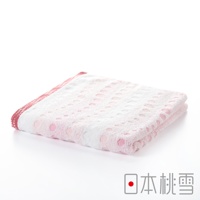 一條粉紅色水泡泡圖案的今治毛巾，材質柔軟，邊緣有紅色滾邊，毛巾對折展示。