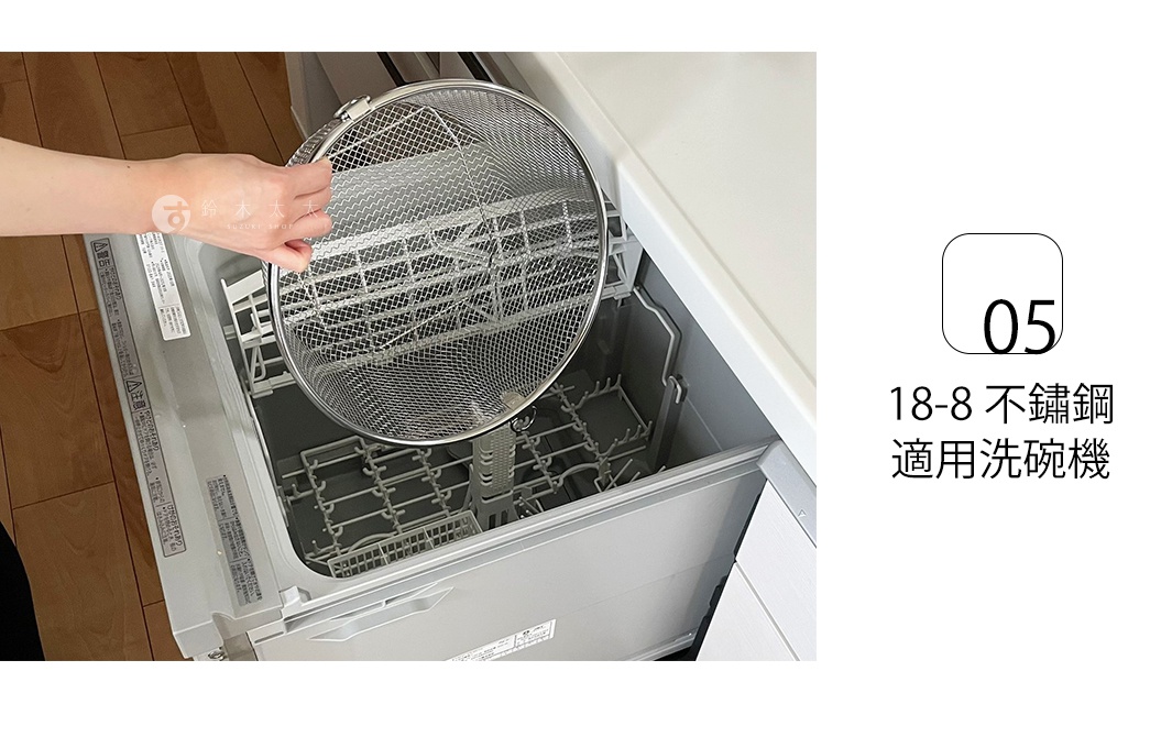 一只手正將一個銀色圓形不鏽鋼細網瀝水籃放入洗碗機中。