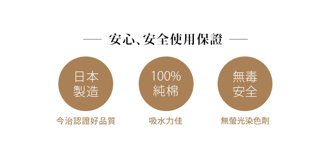 EVE 今治強韌薄手鱗紋毛巾，三圓形標示：日本製造、100%純棉、無毒安全。
