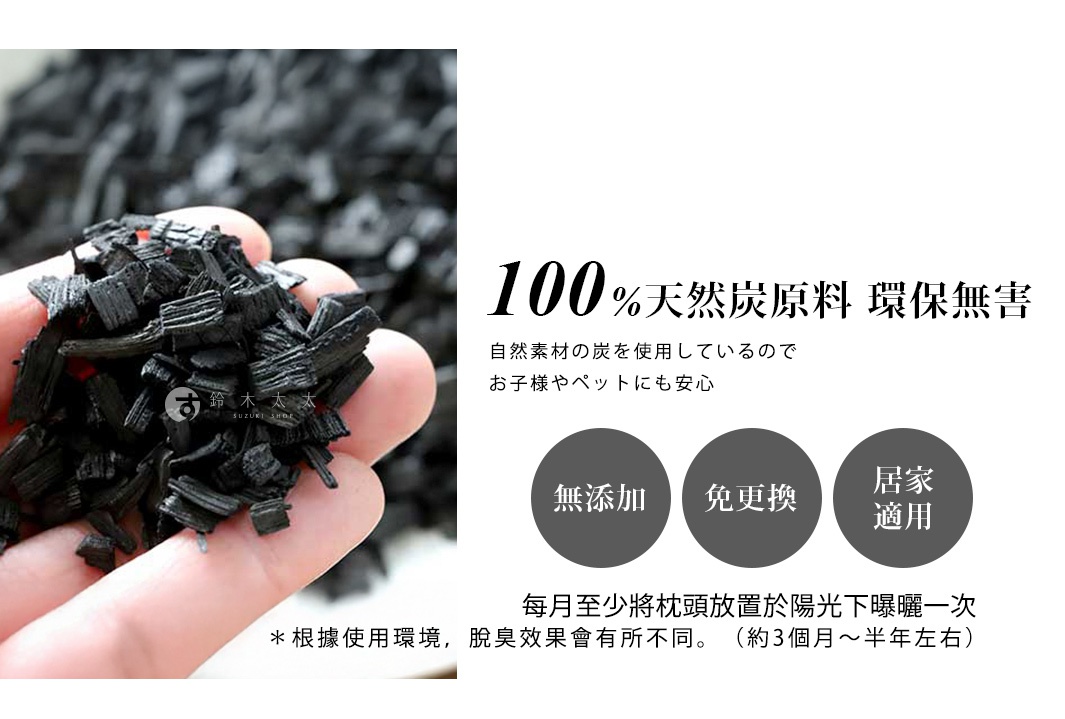 手捧著黑色竹炭顆粒，特寫展示其天然材質。右側文字說明「100%天然炭原料 環保無害」，下方有「無添加」、「免更換」、「居家適用」等圓形標示。