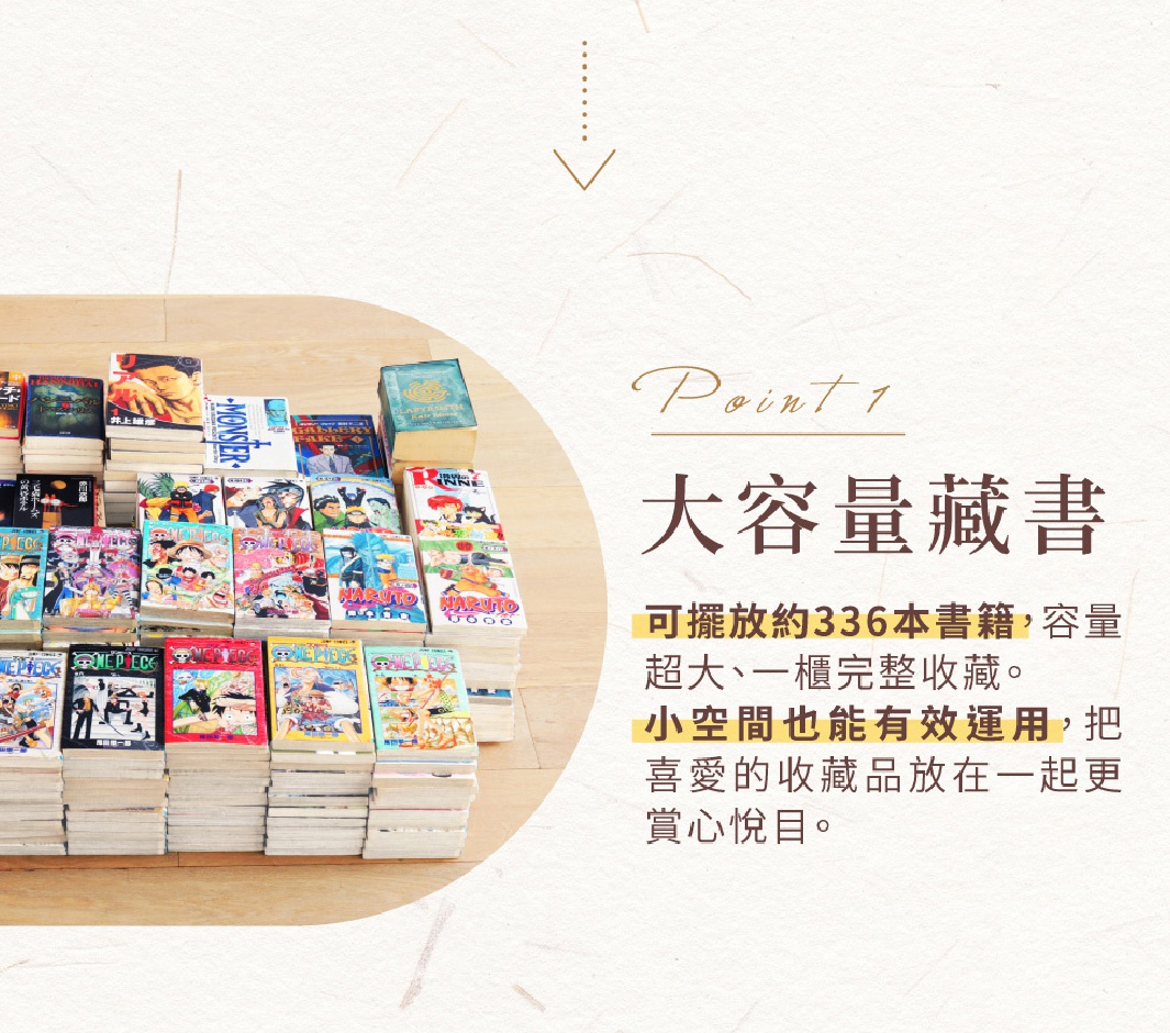 淺色木紋背景上，堆疊著各式漫畫書，包含《航海王》、《火影忍者》等，書本色彩繽紛，有藍色、紅色、黃色、綠色等。