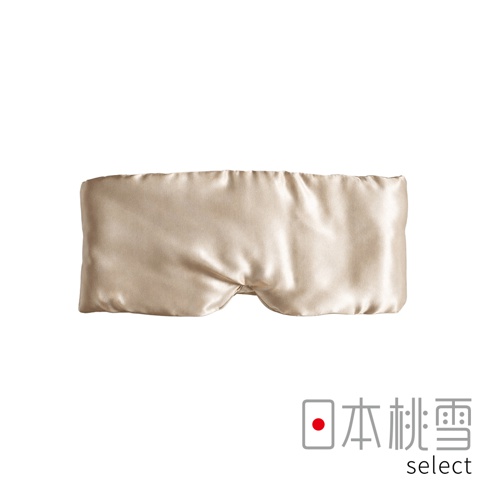 一款香檳金色的絲綢眼罩，材質呈現細膩的光澤感，外型簡約圓潤，右下方印有日本桃雪 select 的品牌識別標誌，背景為純白色。