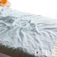淺藍色二層紗材質的輕柔半毯，表面有細微皺褶，質感輕薄透氣。