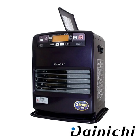 皇家紫 Dainichi 電子式煤油暖氣機 FW-33KET，配有數位顯示螢幕、操作按鈕、黑色格柵式出風口和方形底座。