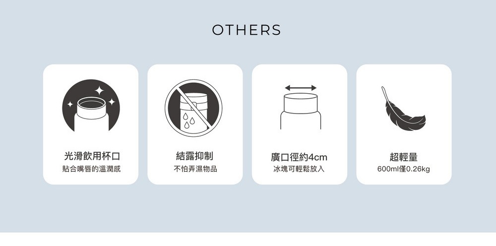 0.6L不鏽鋼真空保溫保冷杯，展示光滑飲用杯口、結露抑制、約4公分廣口徑與羽毛般超輕量（600ml僅0.26kg）等特色。