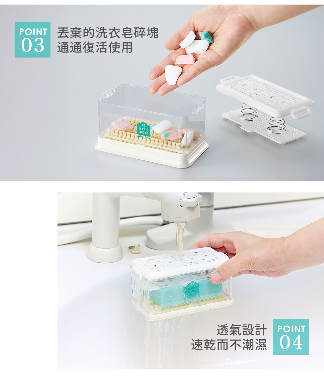 透明塑膠盒裝有米黃色底座、附彈簧的白色上蓋，盒內有黃色刷毛，放有粉色、白色、綠色的小塊香皂。下方圖片顯示，透明塑膠盒內裝有藍綠色肥皂，置於水龍頭下方沖洗。
