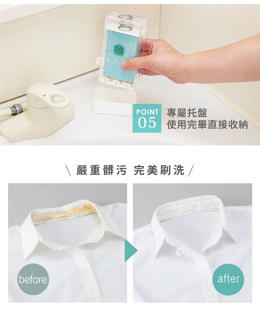 透明塑膠製的免沾手泡沫洗衣皂盒刷，內含藍色標籤的洗衣皂，被手拿起，旁邊有白色收納盒和水龍頭。下方是白色襯衫的領口前後對比圖，展示去污效果。