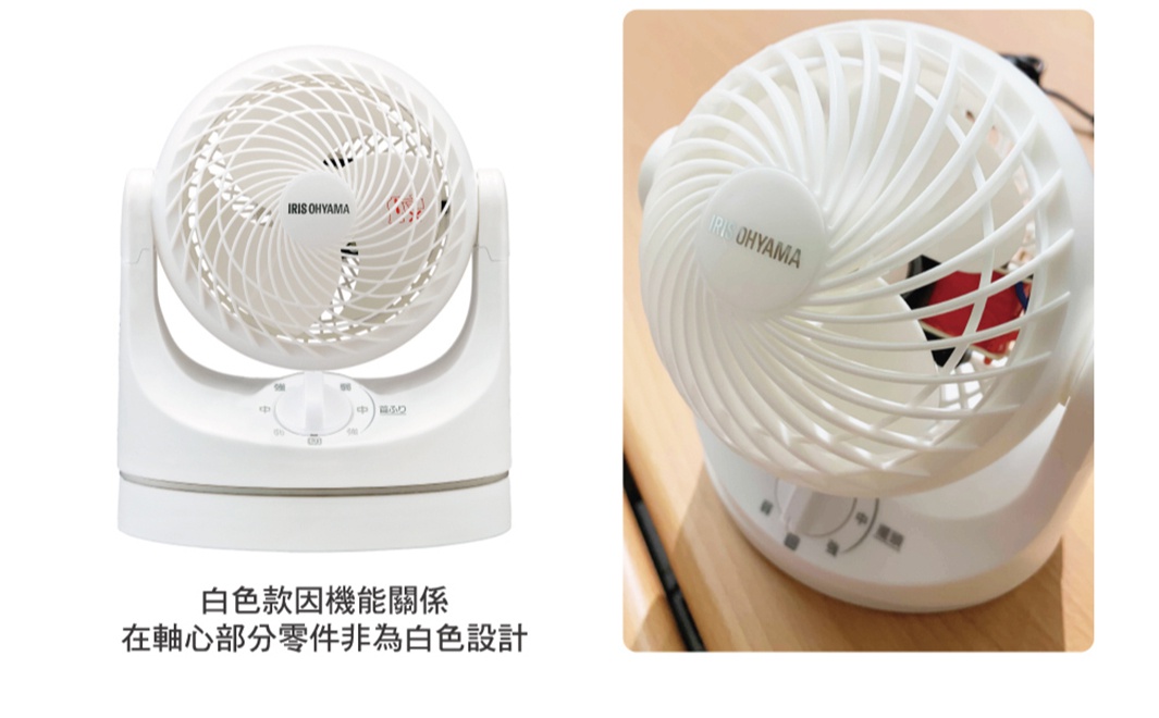 白色極靜音迷你型空氣循環扇，扇葉與外框皆為白色塑膠材質，帶有 IRIS OHYAMA 品牌標誌，旋鈕式風速控制。