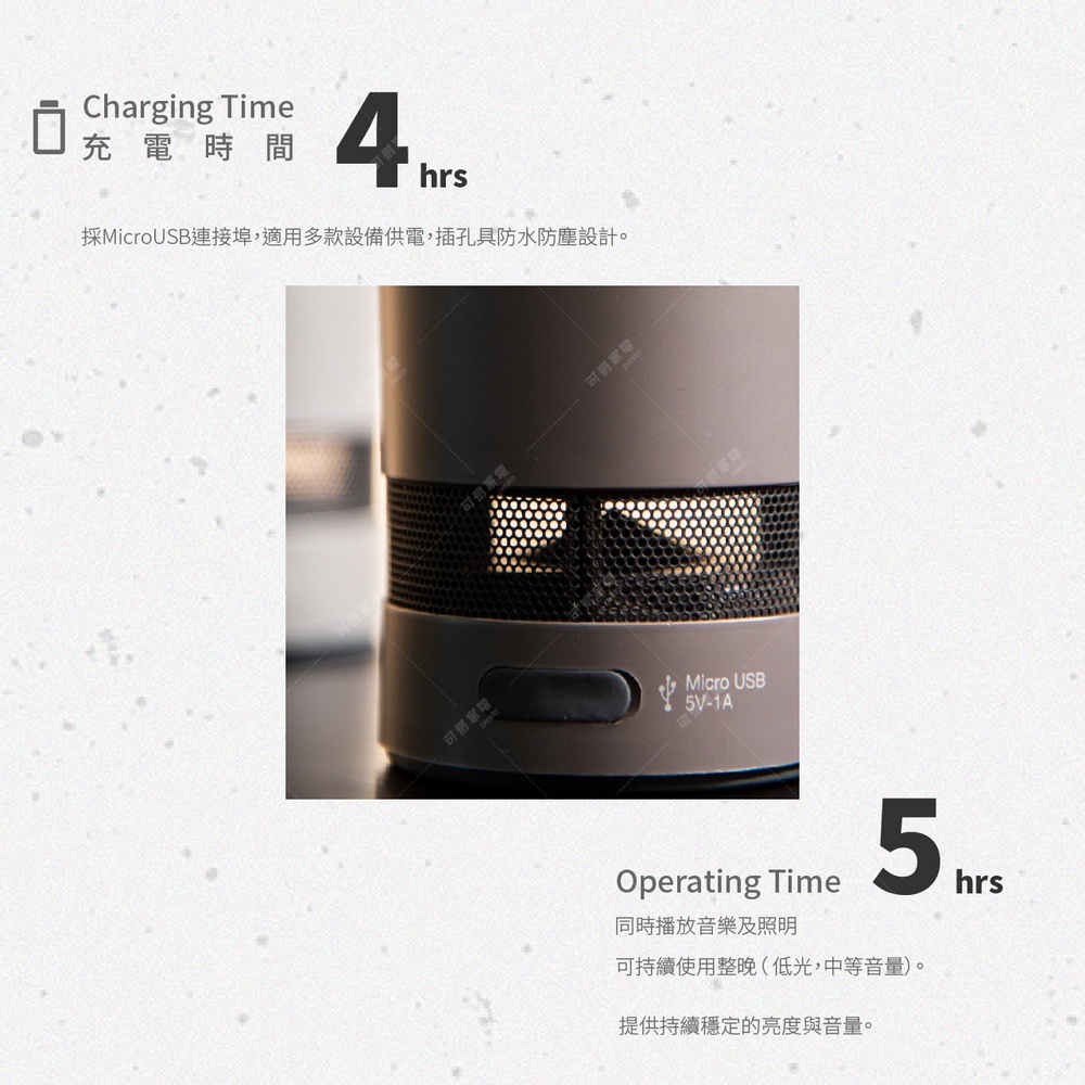 灰色圓柱形LED氛圍燈音響，帶有黑色網狀喇叭孔，底部有Micro USB充電接口標示。