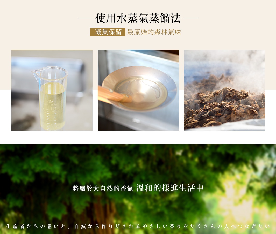 佐賀楠木精油製作過程：玻璃燒杯中的淡黃色液體，正在蒸餾的鍋中，以及蒸氣籠罩的楠木原料。