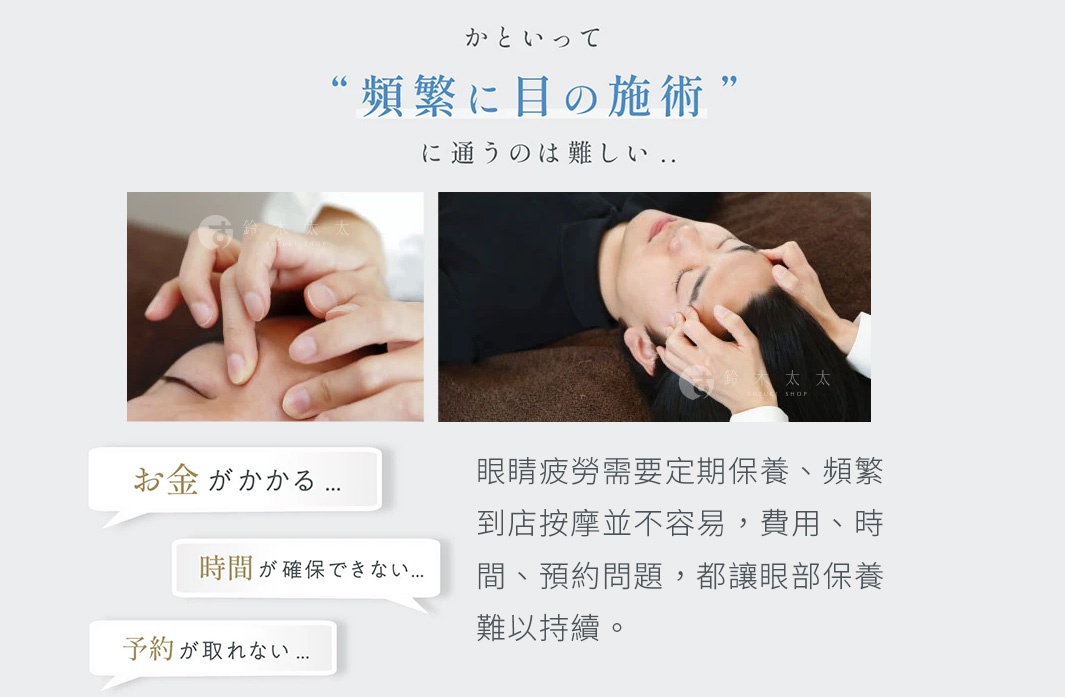 圖片文字：かといって頻繁に目の施術に通うのは難しい。お金がかかる、時間が確保できない、予約が取れない。眼睛疲勞需要定期保養，頻繁到店按摩並不容易，費用、時間、預約問題，都讓眼部保養難以持續。圖片包含兩張按摩師進行眼部護理的示意圖，下方搭配三個對話框列出前往專業按摩店的三大困擾。