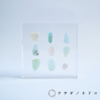 方形透明壓克力塊中，整齊排列著九顆大小不一、形狀各異的細石。這些細石呈現多種柔和色彩，包含淺白、淡藍、淡綠及粉紅，材質看起來像玉石或半寶石。