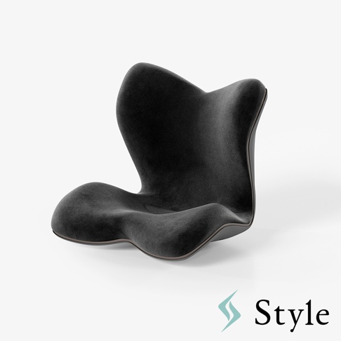這款 Style PREMIUM DX α 健康護脊椅墊呈現優雅的流線型設計，採用深灰色絨面材質，表面觸感細膩，整體造型符合人體工學，能提供良好的支撐與舒適感，右下角印有 Style 品牌標誌。