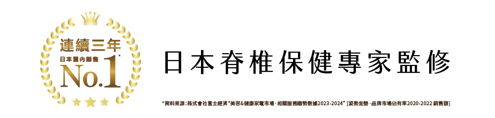 金色月桂葉環繞「連續三年 日本國內銷售 No.1」字樣，右側為黑色標楷體「日本脊椎保健專家監修」，下方有資料來源說明。