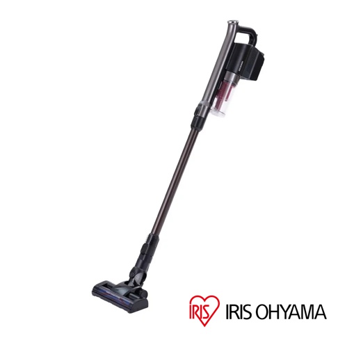 一支銀灰色和黑色的無線手持吸塵器，配有透明集塵筒和電動吸頭，置於白色背景上。