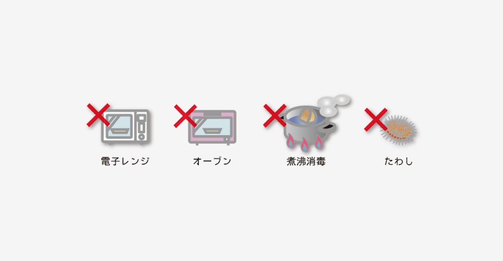 四個圖示，分別表示不可使用微波爐、烤箱、煮沸消毒，以及不可使用菜瓜布清潔。