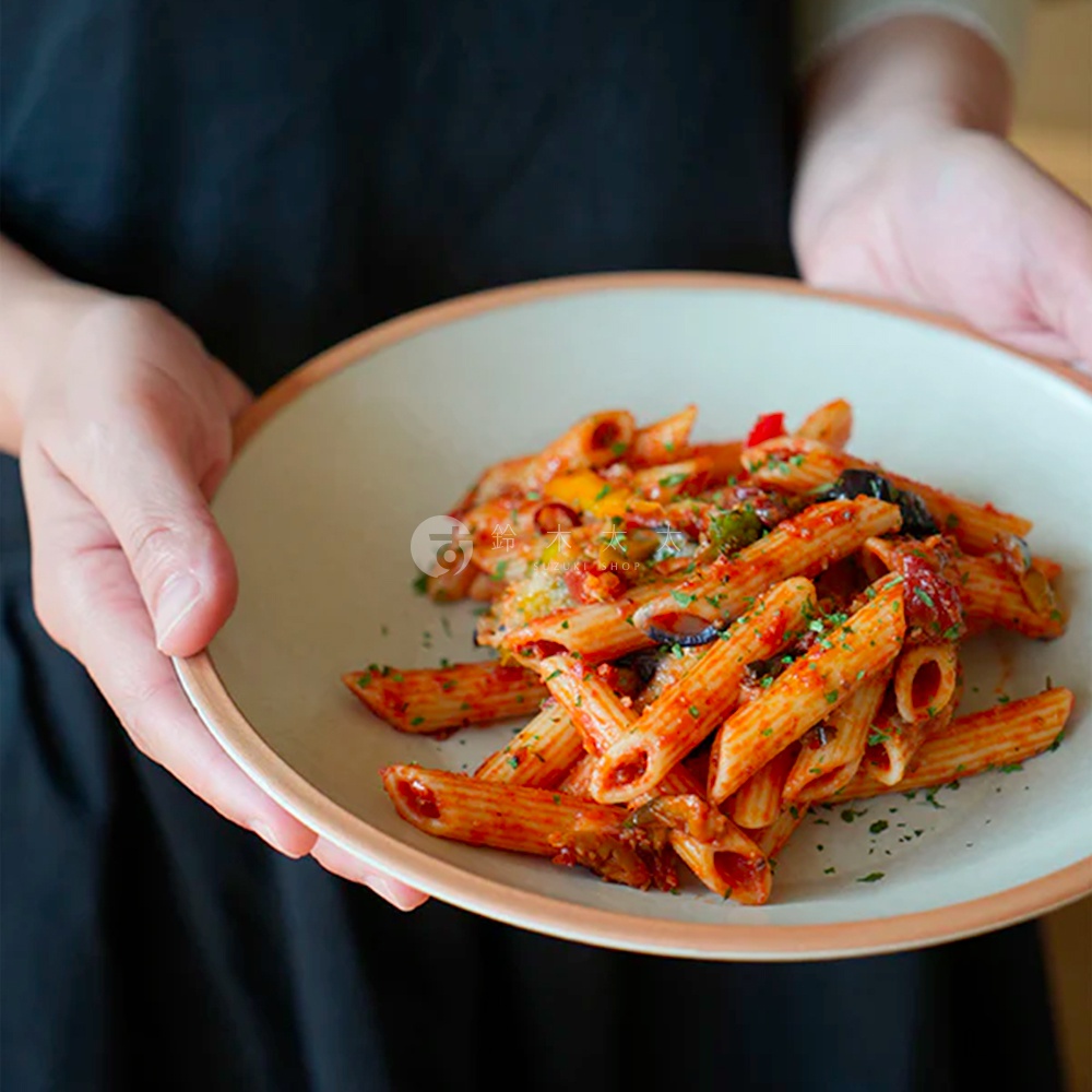 素燒百搭陶瓷義大利麵盤，盤中盛裝著紅醬筆管麵，配料有番茄、橄欖、彩椒等，表面灑有香草碎。