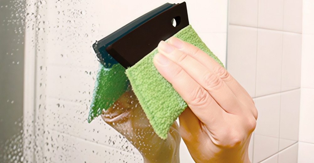 手持綠色超細纖維布擦拭帶有水珠的鏡子，鏡子反射出模糊的影像。