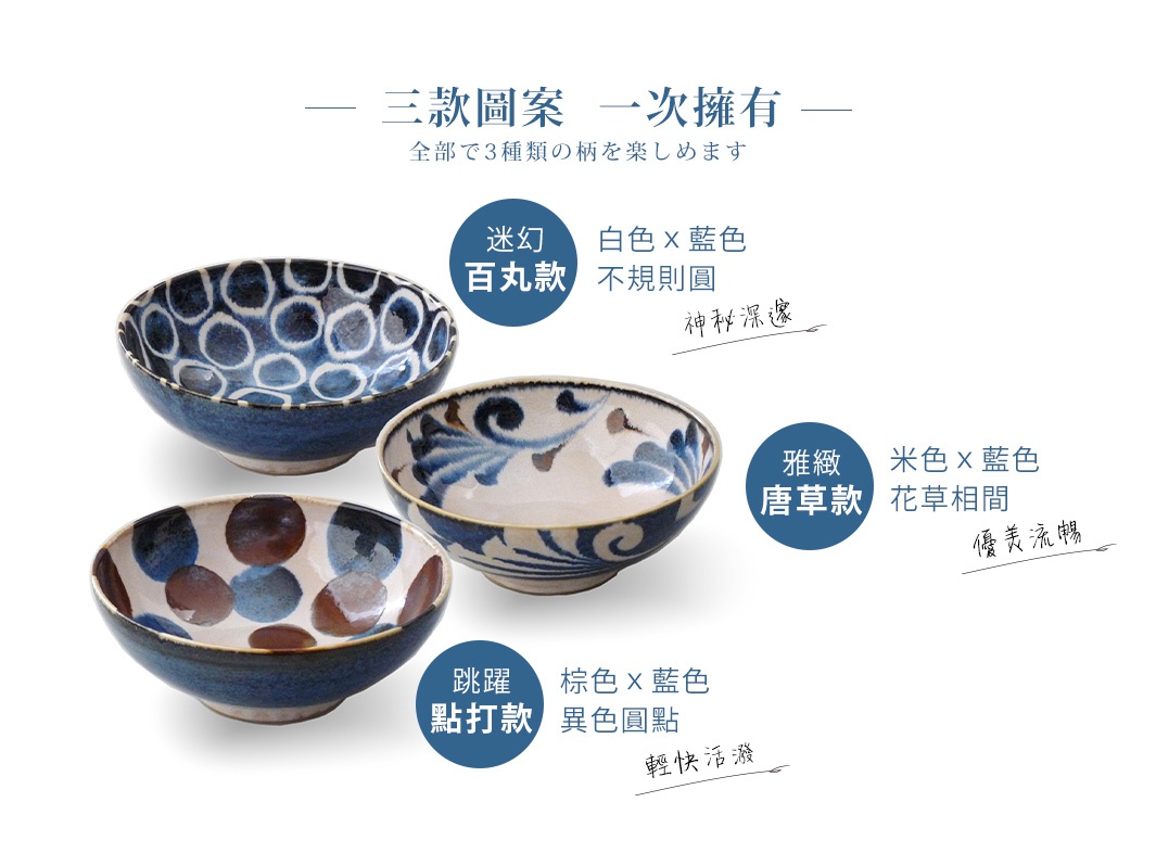 三款青釉繪寬口丼碗，分別為：迷幻百丸款（白色與藍色不規則圓點）、雅緻唐草款（米色與藍色花草紋）、跳躍點打款（棕色與藍色異色圓點）。