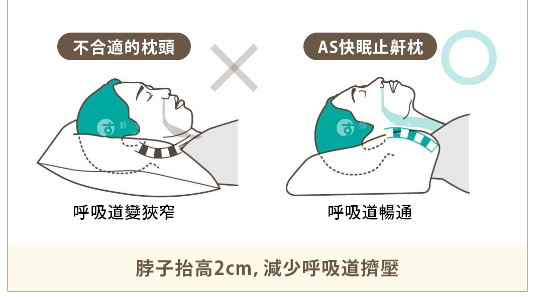 圖示比較了兩種枕頭對睡眠姿勢的影響，左側為不適合的枕頭，使呼吸道變狹窄；右側為AS快眠止鼾枕，使呼吸道暢通，並強調頸部抬高2cm可減少呼吸道壓迫。