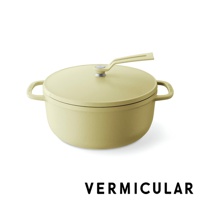 淺綠色琺瑯鑄鐵鍋，附有同色系鍋蓋和提把，鍋身與鍋蓋邊緣有細緻的黑色飾條。