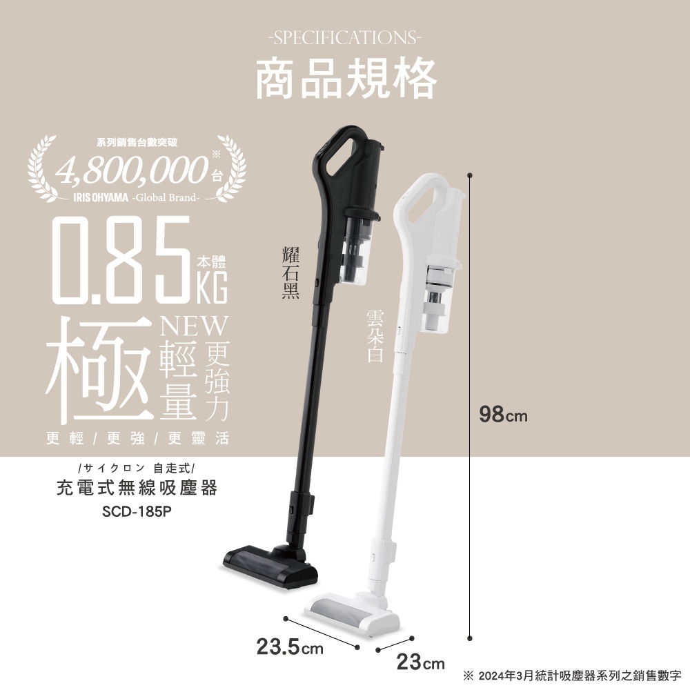 黑色及白色兩款充電吸塵器 SCD-185P，展示產品主體、集塵筒、握把及吸頭，並標示高度 98 公分、寬度 23.5 公分與深度 23 公分。
