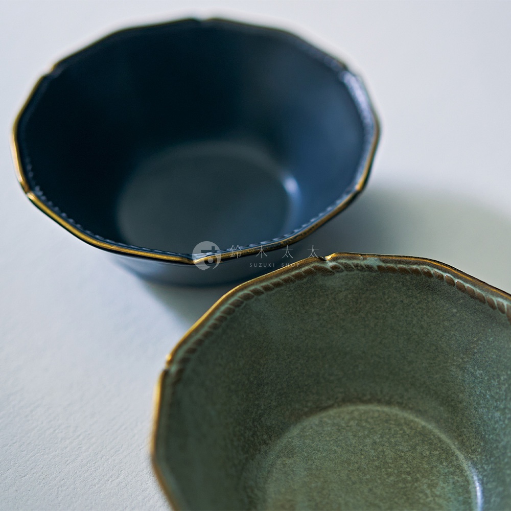 AITO Stitch 美濃燒金彩浮雕復古湯碗，溫潤細膩的礦物感釉藥搭配沉穩金彩，盤緣有縫線浮雕設計