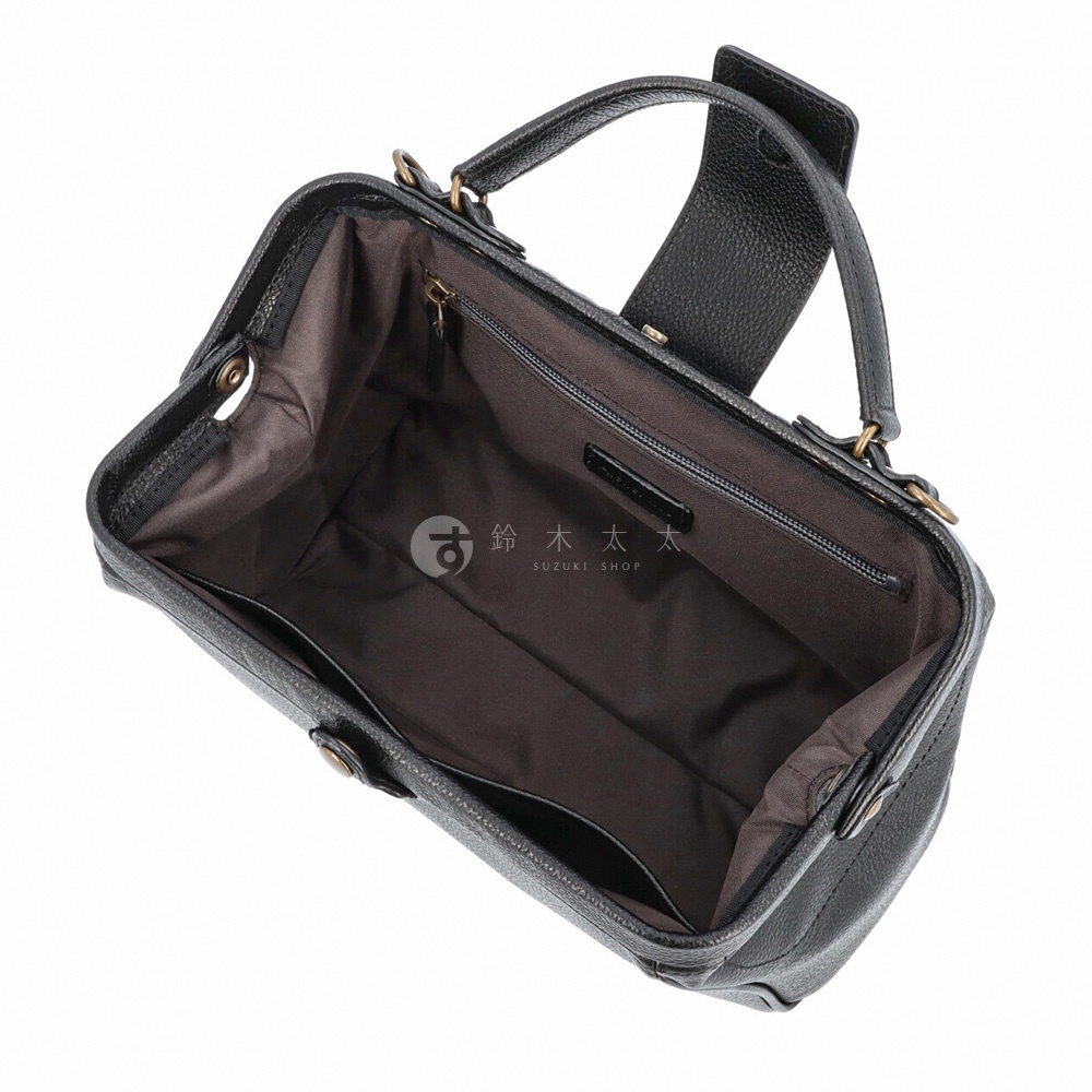 黑色皮革杜勒斯迷你兩用手提包，內部有拉鍊暗袋和開放式口袋。