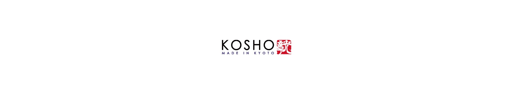 這是一個京都KOSHO品牌的官方標誌，中央以黑色的標準字體呈現KOSHO英文字樣，下方標註MADE IN KYOTO，右側搭配一個紅色的方形印章風格圖案，整體設計簡約典雅，展現出京都製造的質感與風格。