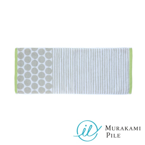 村上綿 MiRT COBBLE 今治北歐石紋無撚毛巾，淺綠色邊緣，左側為灰色圓點圖案，右側為淺灰色直條紋，底部有 Murakami Pile 商標