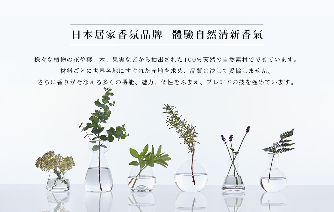 玻璃瓶中插著數種綠葉植物，包括尤加利葉、迷迭香、鼠尾草、薰衣草及蕨類植物，瓶內皆有透明液體。